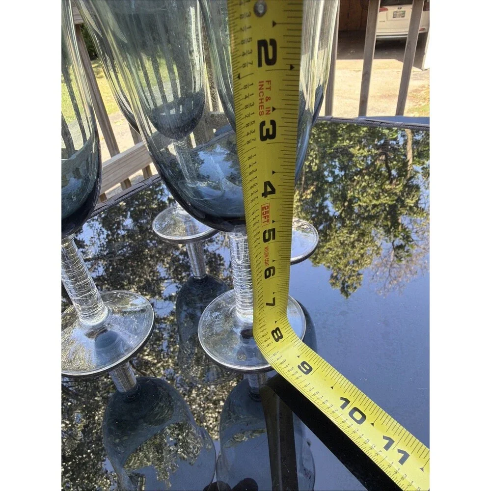 Blue Gorham Crystal Goblets Clear Crackle Stem Blown Glass Set of 4